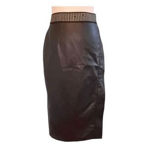 Zara Faux Leather Pencil Skirt Black Midi Gold Stud Accents Zip Slit M